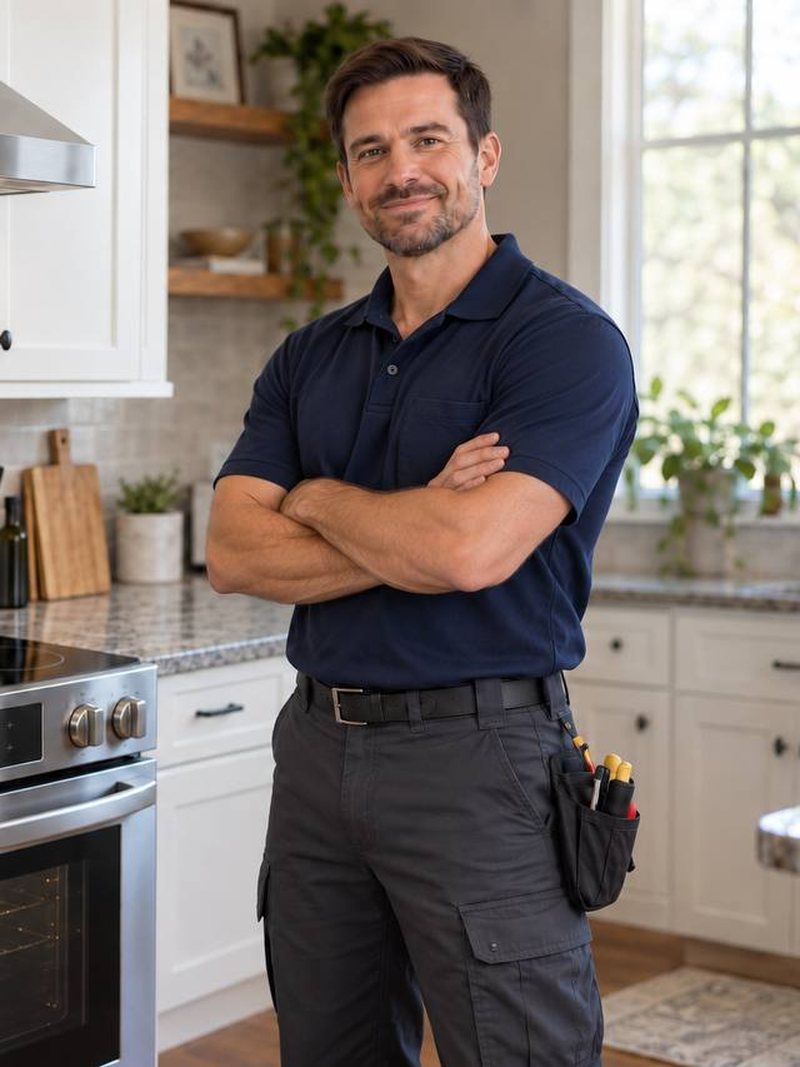 Technician with a tool pouch in a home kitchen