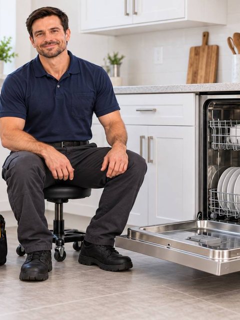 Technician seated next to an open dishwasher with the racks loaded