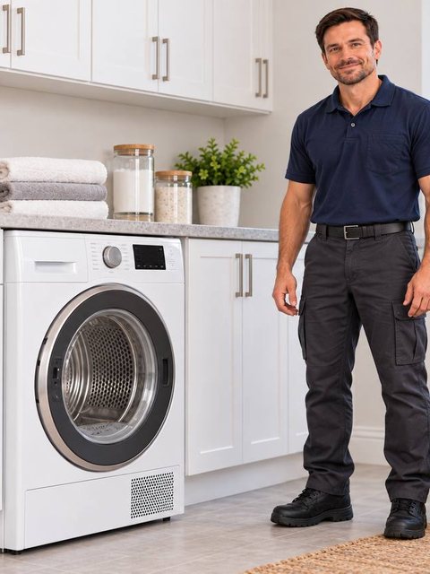 Technician next to a white front-load dryer in a laundry room
