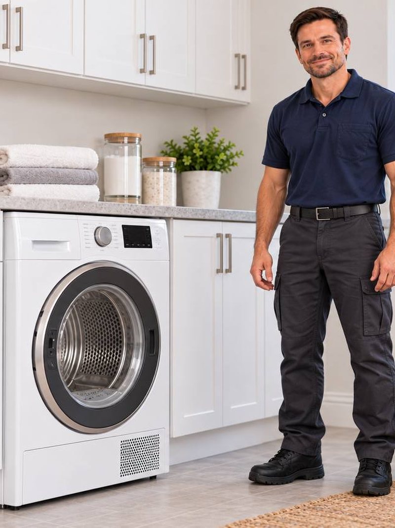 Technician next to a white front-load dryer in a laundry room