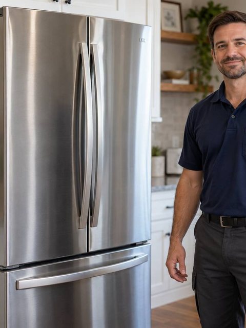 Technician beside a stainless French-door refrigerator
