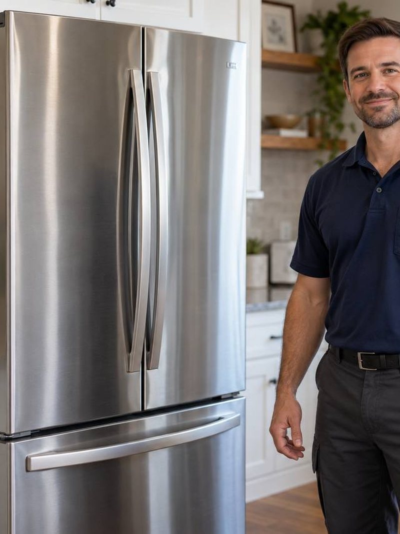 Technician beside a stainless French-door refrigerator
