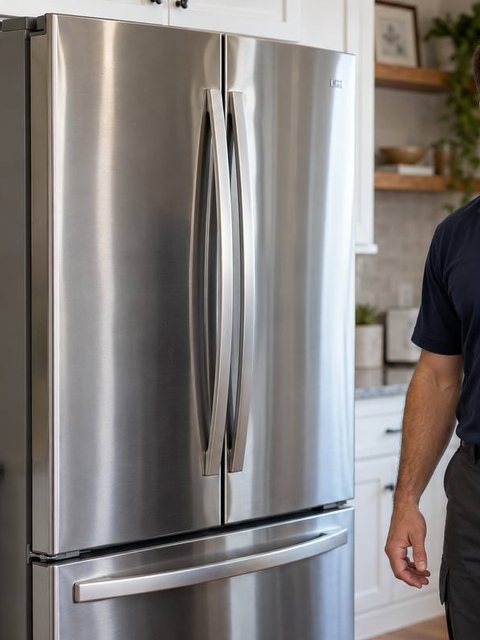 Stainless French-door refrigerator where the ice maker sits in the freezer