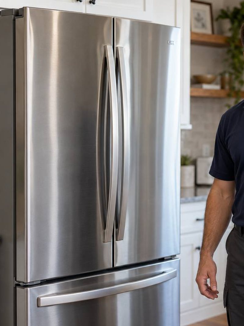 Stainless French-door refrigerator where the ice maker sits in the freezer