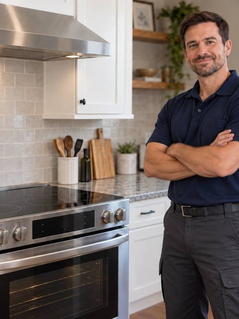 Technician beside an electric range with a glass cooktop