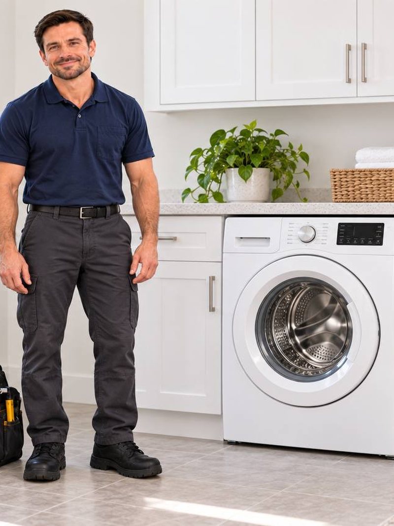 Technician standing next to a white front-load washer
